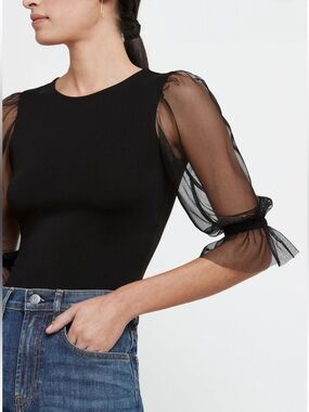 MARCELLA Black Sheer Mesh Sleeve Bellerose Stretch Jersey Bodysuit Size Large